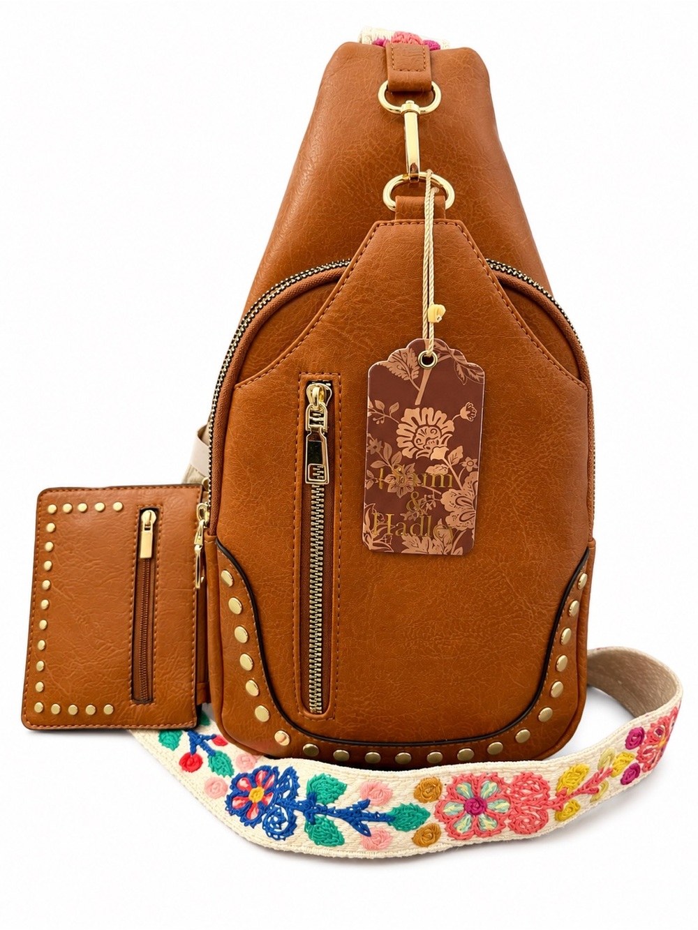 Tan Women's Crossbody Sling Bag with Embroidered Strap